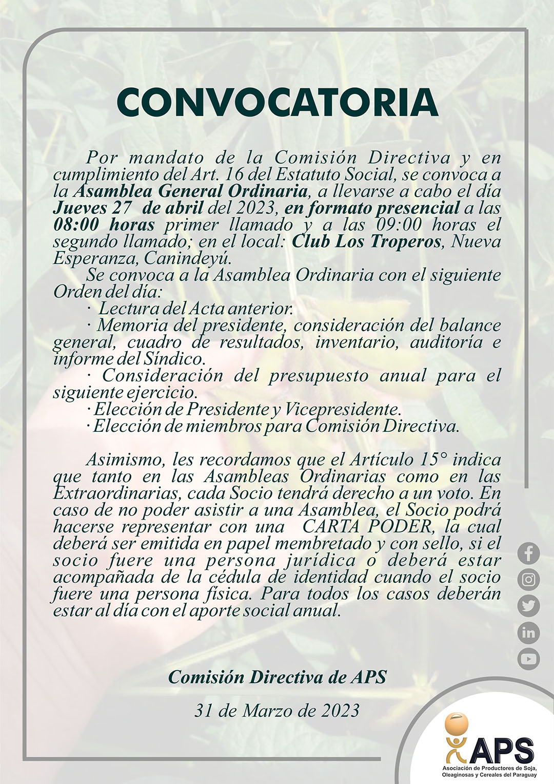 Convocatoria Asamblea General Ordinaria De La APS 2023